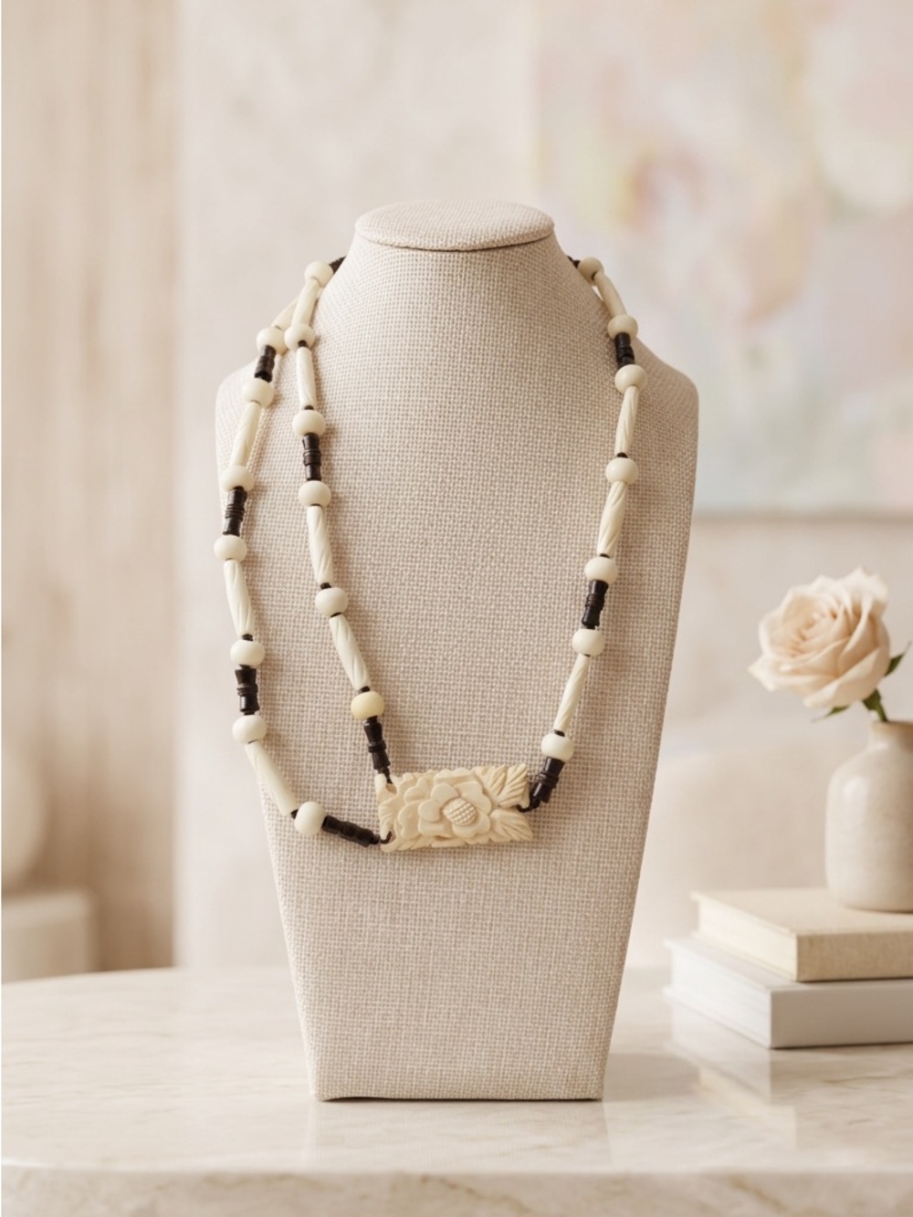 Handmade Carved Bone Asymmetrical Necklace Focal Square Japan